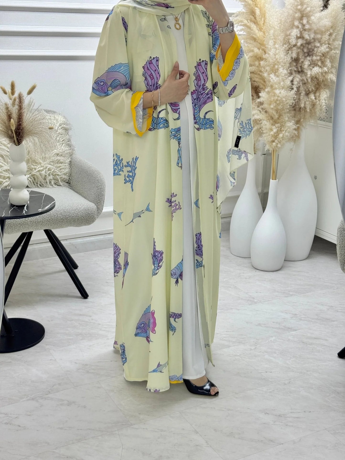 C 1295 Cream Reef Printed Abaya