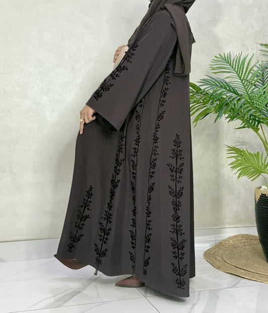 Maroon Embroidered Abaya - Velvet Detail Modest Wear | Kiswa